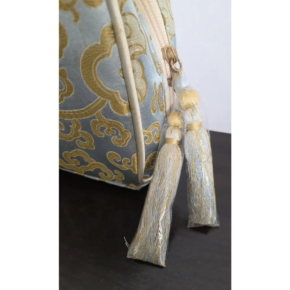 4 Piece Chinoiserie Zip Travel Cosmetic Tote Bag Set Blue Gold Satin